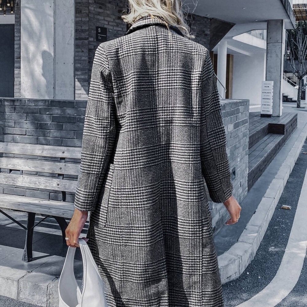 black button plaid trench fall pea coat jacket - Picture 6 of 7